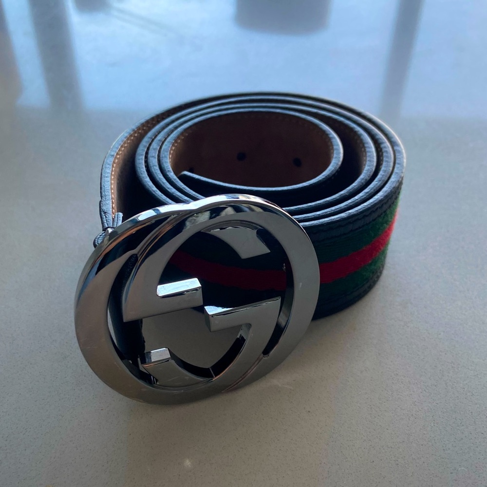 Gucci Canvas&Leather Interlocking G Buckle Belt